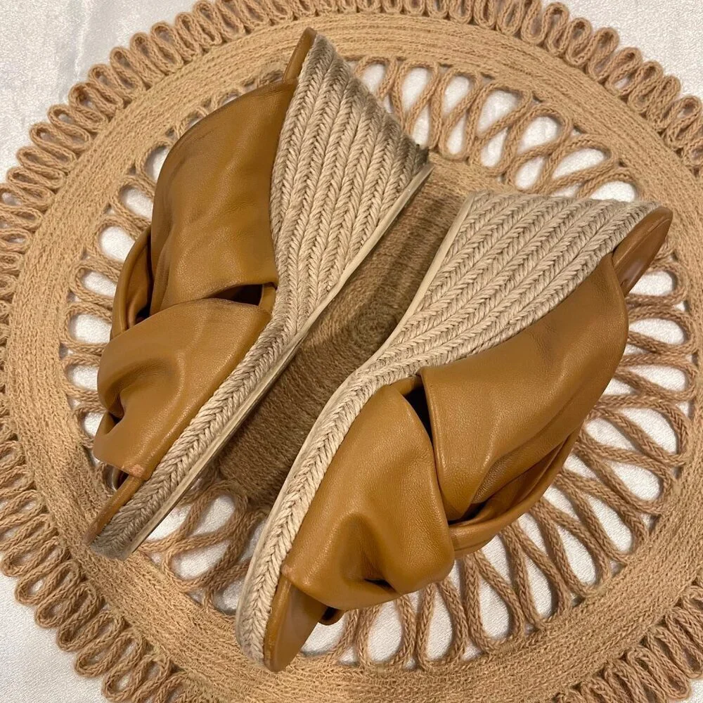 Vince Sylvia Knotted Espadrille Wedge Sandals Camel Leather Size US 9